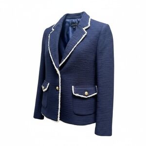 Talbots Navy Blue Tweed Blazer Jacket Gold Button Fringe Trim Classic‎